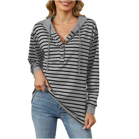 UAMVSH Hooded Sweatshirts for Women Trendy Stripe Printed Casual Hoodie with Drawstring Loose Fit Button Pullover Clothes(Medium,Gray)