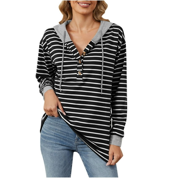 UAMVSH Hooded Sweatshirts for Women Trendy Stripe Printed Casual Hoodie with Drawstring Loose Fit Button Pullover Clothes(X-Large,Black)