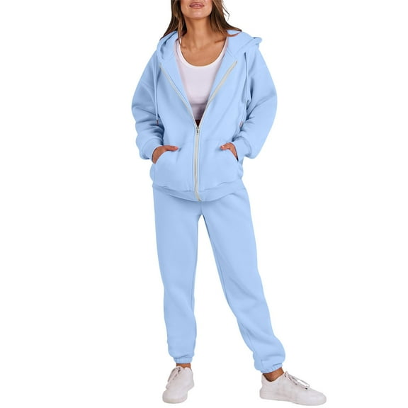 UAMVSH Hoodie Sweatsuits Sets for Women Basic Long Sleeve Hooded Jackets with Pockets Soft Sweatpants Tracksuits Full Zip up 2 Piece Outfits(Large,Light Blue 3)