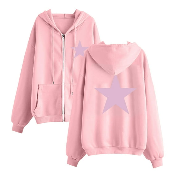 UAMVSH Hoodie for Women Trendy Star Graphic Printed Sweatshirts with Drawstring Vintage Long Sleeve Zip up Hooded Jackets(Large,Pink)