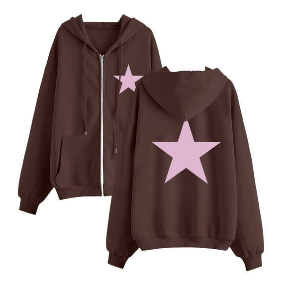 UAMVSH Hoodie for Women Trendy Star Graphic Printed Sweatshirts with Drawstring Vintage Long Sleeve Zip up Hooded Jackets(Small,Brown)