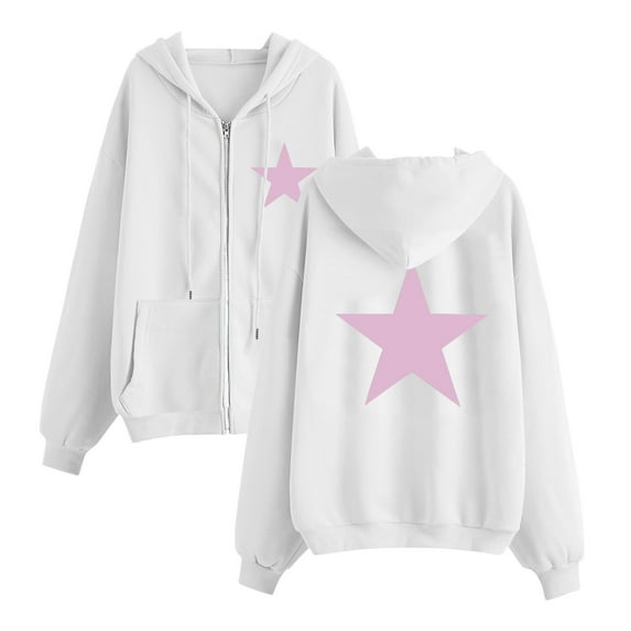 UAMVSH Hoodie for Women Trendy Star Graphic Printed Sweatshirts with Drawstring Vintage Long Sleeve Zip up Hooded Jackets(X-Large,White)