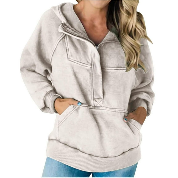 UAMVSH Hoodie for Women Vintage Half Zipper Long Sleeve Hooded Sweatshirts Loose Casual Distressed Pullover Ladies Fashion(Large,Beige)
