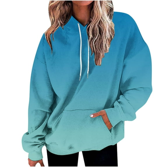 UAMVSH Hoodies for Women Plus Size Fall Long Sleeve Drawstring Pullover Tops Fashionable Gradient Color Basic Hooded Sweatshirts with Pockets(Large,Sky Blue 4)