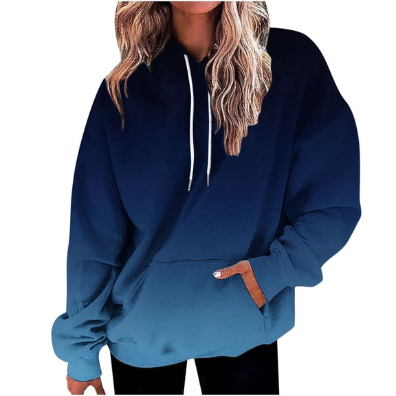 UAMVSH Hoodies for Women Plus Size Fall Long Sleeve Drawstring Pullover Tops Fashionable Gradient Color Basic Hooded Sweatshirts with Pockets(Medium,Dark Blue 1)