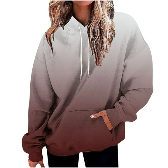 UAMVSH Hoodies for Women Plus Size Fall Long Sleeve Drawstring Pullover Tops Fashionable Gradient Color Basic Hooded Sweatshirts with Pockets(Medium,Gray 2)