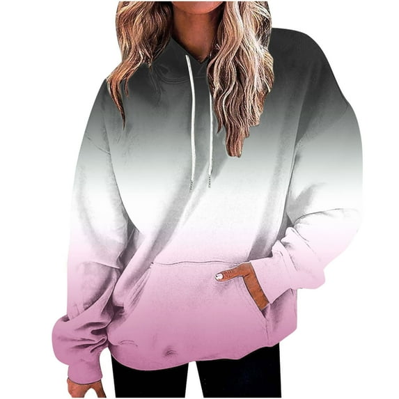 UAMVSH Hoodies for Women Plus Size Fall Long Sleeve Drawstring Pullover Tops Fashionable Gradient Color Basic Hooded Sweatshirts with Pockets(X-Large,Pink)