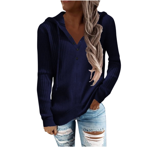 UAMVSH Hoodies for Women Comfy Button Long Sleeve Drawstring Hooded Sweatshirts Trendy Knitted Ribbed Casual Pullover Tops(Small,Dark Blue)