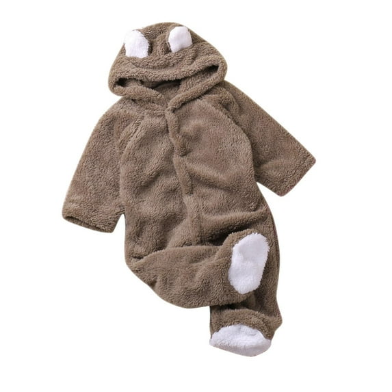 UAMVSH Infant Baby Fuzzy Fleece Rompers Cute Boys Girls Ears Hooded Plush Jumpsuits Warm Long Sleeve Footed Winter Outfits(3-6 Months,Coffee)