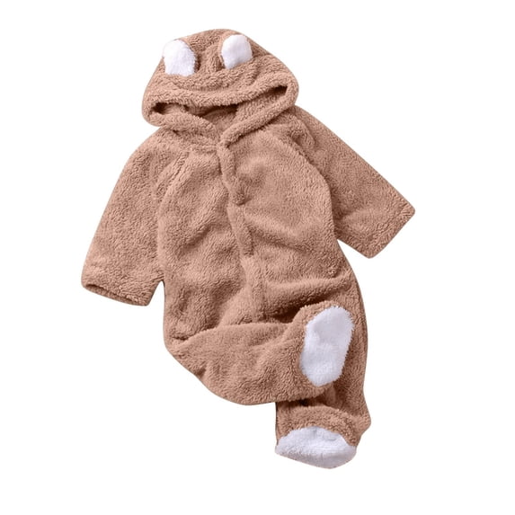 UAMVSH Infant Baby Fuzzy Fleece Rompers Cute Boys Girls Ears Hooded Plush Jumpsuits Warm Long Sleeve Footed Winter Outfits(6-9 Months,Khaki)