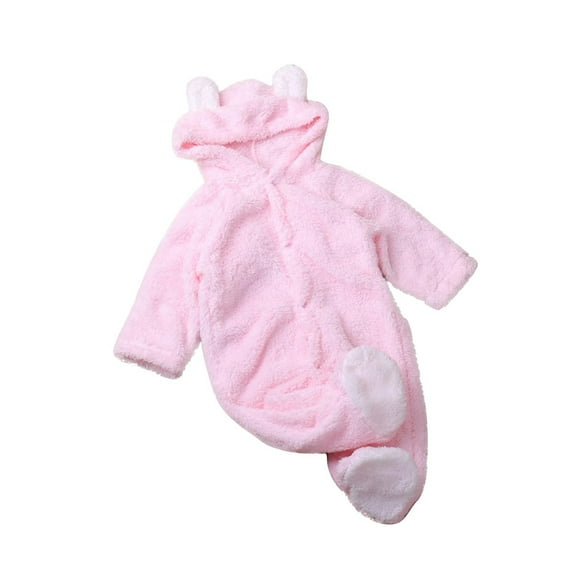 UAMVSH Infant Baby Fuzzy Fleece Rompers Cute Boys Girls Ears Hooded Plush Jumpsuits Warm Long Sleeve Footed Winter Outfits(9-12 Months,Pink)