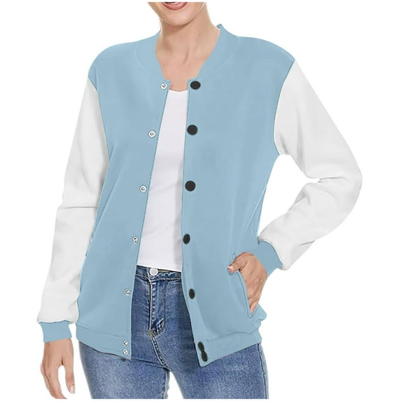 UAMVSH Jackets for Women Casual Button down Athletic Coats Fall Color Block Long Sleeve Baseball Active Jackets Outwear with Pockets(X-Large,Light Blue 2)