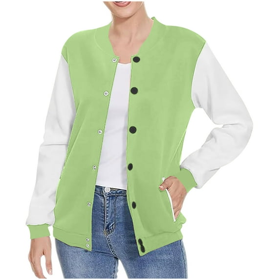 UAMVSH Jackets for Women Casual Button down Athletic Coats Fall Color Block Long Sleeve Baseball Active Jackets Outwear with Pockets(Small,Green 1)