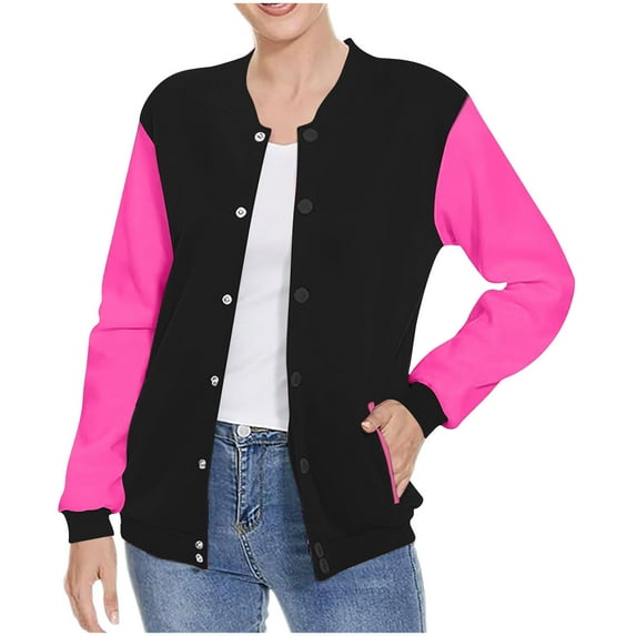 UAMVSH Jackets for Women Casual Button down Athletic Coats Fall Color Block Long Sleeve Baseball Active Jackets Outwear with Pockets(Small,Hot Pink)