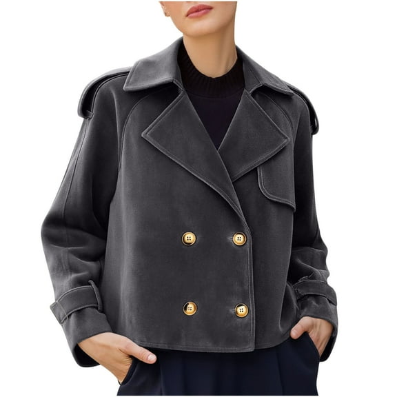 UAMVSH Jackets for Women Suede Double Breasted Casual Long Sleeve Outwear Fall Vintage Lapel Long Sleeve Cropped Coat