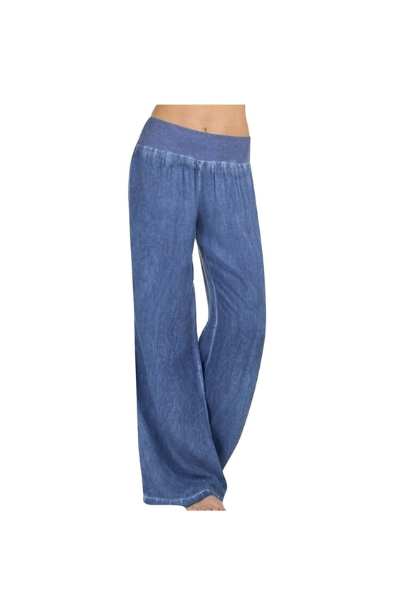 Jeans for Women Palazzo Slack Wide Leg Casual Vacation Pull on Denim Pants Baggy High Waist Stretch Lounge Pants(Small,Light Blue)