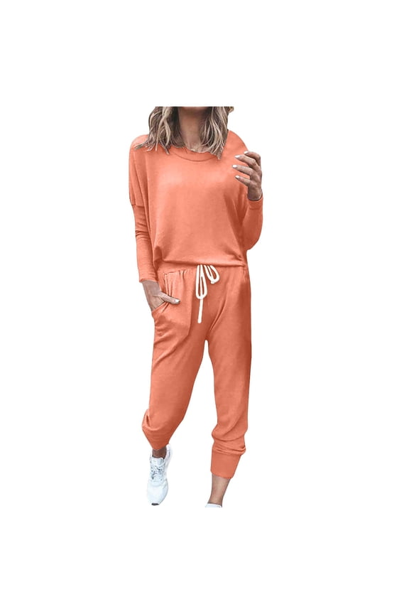 Jogging Suits for Women Long Sleeve Crew Neck Pullover Tops with Cinch Bottom Pants 2 Piece Pockets Sweatsuit Sets(Large,Orange)