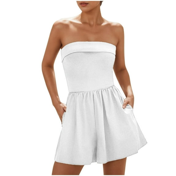 UAMVSH Jumpsuits for Women Trendy Ladies Sleeveless Strapless Tube Top Rompers off Shoulder Casual Beach Vacation Short Jumpers with Pockets