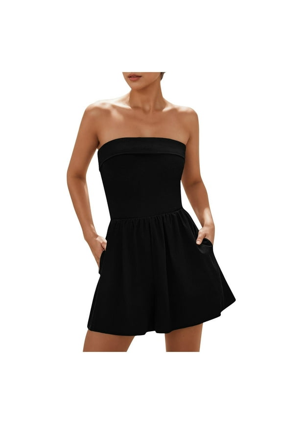 Jumpsuits for Women Trendy Ladies Sleeveless Strapless Tube Top Rompers off Shoulder Casual Beach Vacation Short Jumpers with Pockets