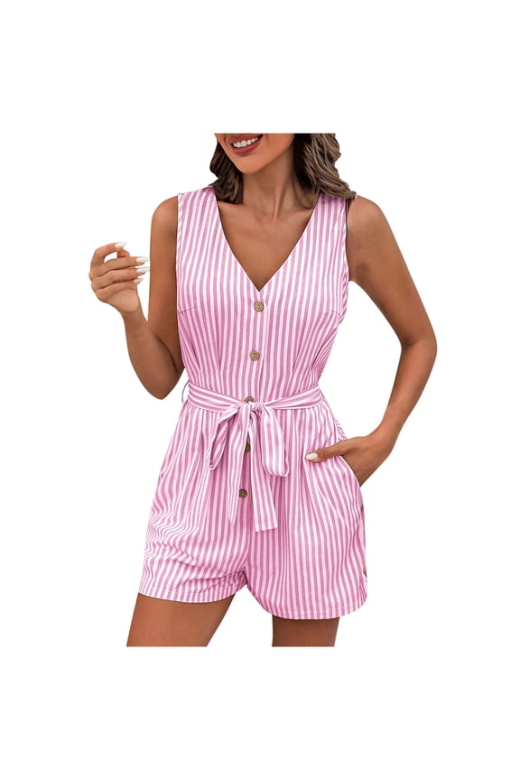 Jumpsuits for Women Trendy Stripe Printed Summer Vacation Rompers with Belt Soft Button down Pockets Overalls Clothes