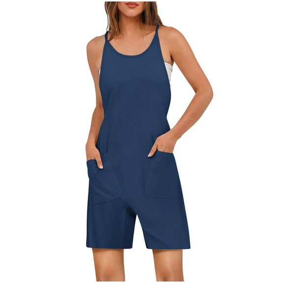 UAMVSH Jumpsuits for Women Casual Sleeveless Crew Neck Pockets Jumpers Clothes Spaghetti Strap Back Drawstring Short Rompers