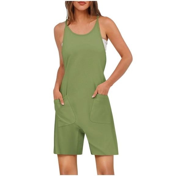 UAMVSH Jumpsuits for Women Casual Sleeveless Crew Neck Pockets Jumpers Clothes Spaghetti Strap Back Drawstring Short Rompers