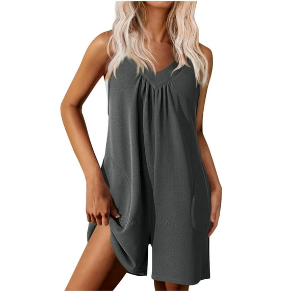 UAMVSH Jumpsuits for Women Sleeveless V-Neck Summer Rompers Pleated Wide Strap Baggy Short Overalls Clothes with Pockets