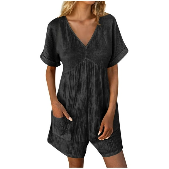 UAMVSH Jumpsuits for Women Summer Lightweight Cotton Linen Beach Rompers Loose Pockets Short Sleeve Onesie Clothes with Shorts(Large,Black 1)