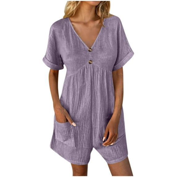 UAMVSH Jumpsuits for Women Summer Lightweight Cotton Linen Beach Rompers Loose Pockets Short Sleeve Onesie Clothes with Shorts(X-Large,Purple 2)