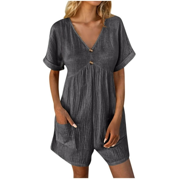 UAMVSH Jumpsuits for Women Summer Lightweight Cotton Linen Beach Rompers Loose Pockets Short Sleeve Onesie Clothes with Shorts(XX-Large,Dark Gray 2)