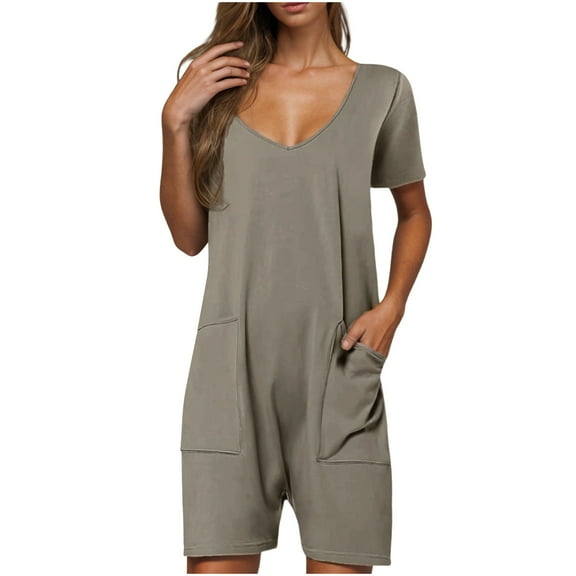 UAMVSH Jumpsuits for Women Trendy Short Sleeve V-Neck Rompers Wide Leg Pockets Baggy Onesie Shorts Overalls for Summer Ladies