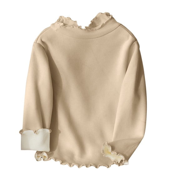 UAMVSH Kid's Cute Shirts Ruffle Long Sleeve Turtleneck Ribbed Knit Blouses Tops Unisex Trendy Solid Color Casual T-Shirts(2-3 Years,Beige)