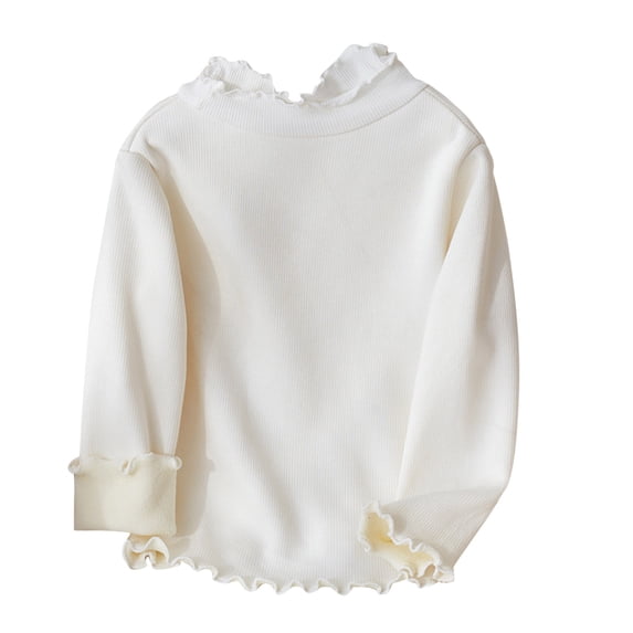 UAMVSH Kid's Cute Shirts Ruffle Long Sleeve Turtleneck Ribbed Knit Blouses Tops Unisex Trendy Solid Color Casual T-Shirts(2-3 Years,White)