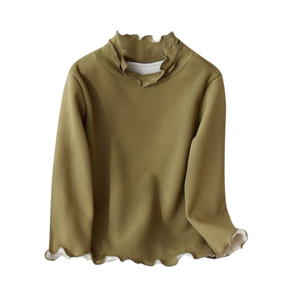 UAMVSH Kid's Cute Shirts Ruffle Long Sleeve Turtleneck Ribbed Knit Blouses Tops Unisex Trendy Solid Color Casual T-Shirts(5-6 Years,Green)