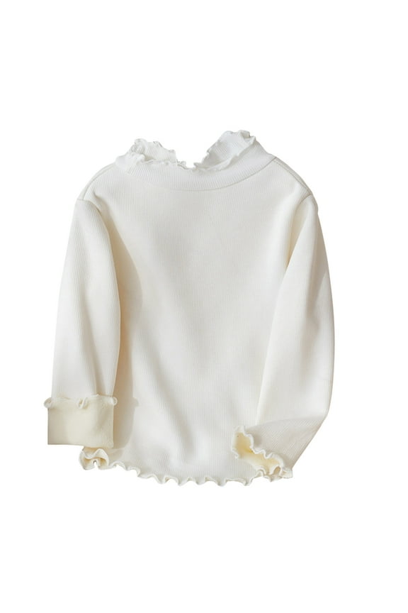 Kid's Cute Shirts Ruffle Long Sleeve Turtleneck Ribbed Knit Blouses Tops Unisex Trendy Solid Color Casual T-Shirts(5-6 Years,White)