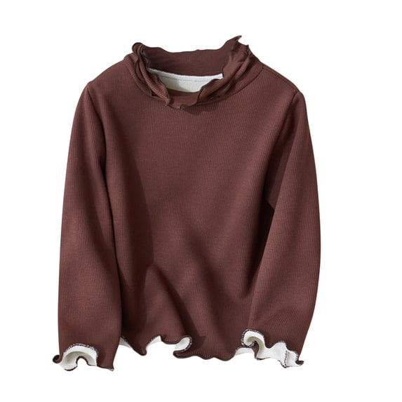 UAMVSH Kid's Cute Shirts Ruffle Long Sleeve Turtleneck Ribbed Knit Blouses Tops Unisex Trendy Solid Color Casual T-Shirts(9-10 Years,Coffee)