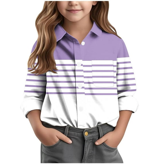 UAMVSH Kids Color Block Fashion Shirts with Chest Pockets Classic Striped Button down Lapel Collar T-Shirts Boys Girls Long Sleeve Tops(5-6 Years,Purple)