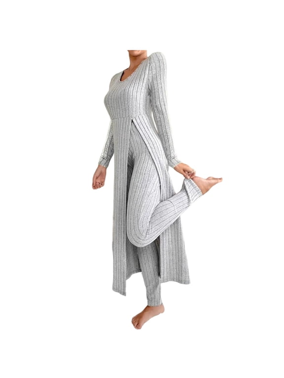 Knit Sets Two Piece Women Side Split Long Dress with Leggings Comfy Casual Crewneck Ribbed Pj Set Fall Winter Clothes