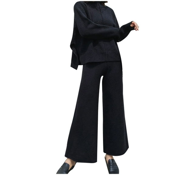 UAMVSH Knitted Wide-Legged Pants Suit for Women Two Piece Sweater Sets Women Winter Warm Knitwear Palazzo Pants Loungewear Outfits(LargeBlack)