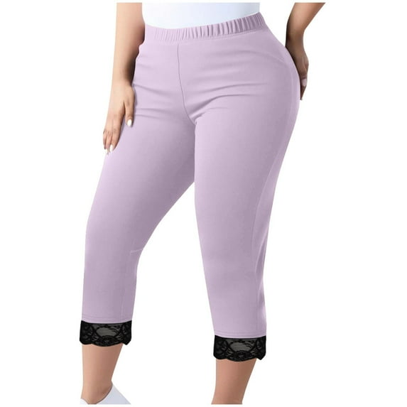 UAMVSH Leggings for Women Plus Size Trendy Lace Hem Yoga Capri Pants Elastic Waist Slimming Thin Summer Casual Work Cropped Pants