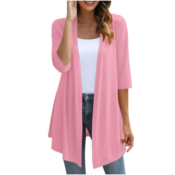 UAMVSH Lightweight Open Front Cardigan for Women Casual Loose Fit 3/4 Sleeves Fall Fashion Outwear Shawl Collar Basic Jackets(X-Large,Pink 1)
