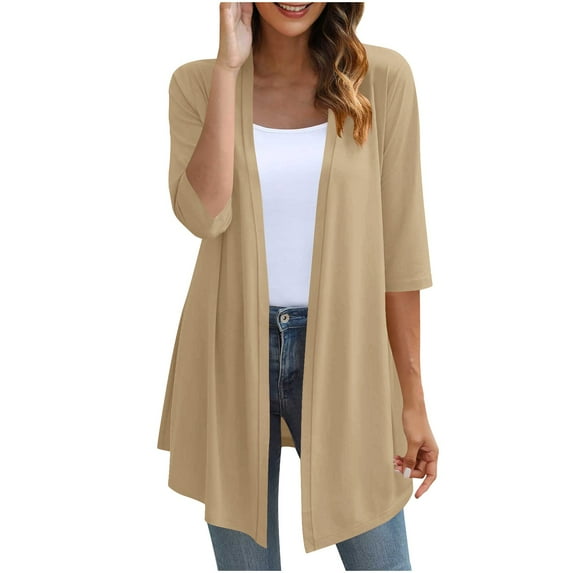 UAMVSH Lightweight Open Front Cardigan for Women Casual Loose Fit 3/4 Sleeves Fall Fashion Outwear Shawl Collar Basic Jackets(XX-Large,Beige)