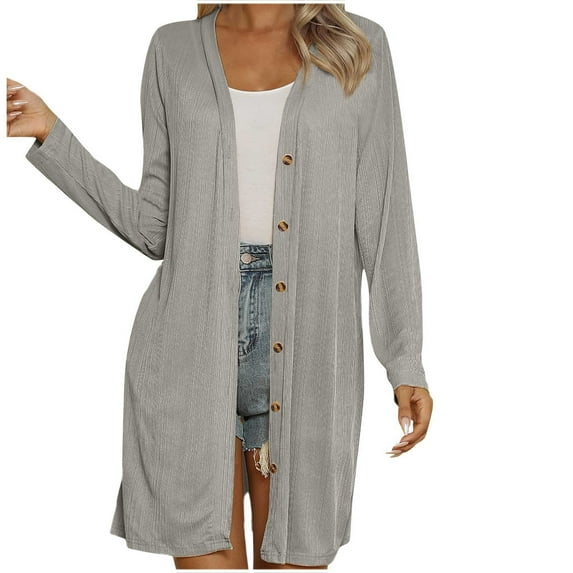 UAMVSH Long Cardigans for Women Button down Lightweight Long Sleeve Casual Jackets Solid Color Loose Outwear Fashion Clothes(X-Large,Gray)