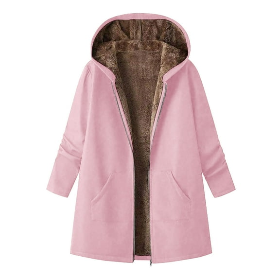 UAMVSH Long Jackets for Women Fleece Lined Long Sleeve Hooded Coat Soft Warm Zip Up Thick Outwear with Pockets Winter Outfits
