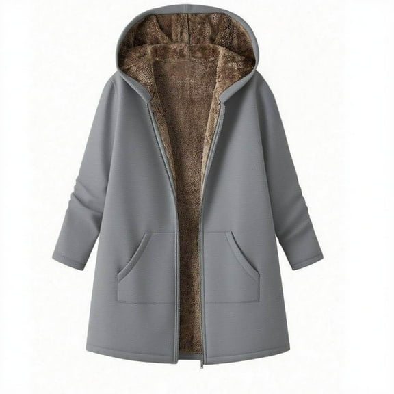UAMVSH Long Jackets for Women Fleece Lined Long Sleeve Hooded Coat Soft Warm Zip Up Thick Outwear with Pockets Winter Outfits