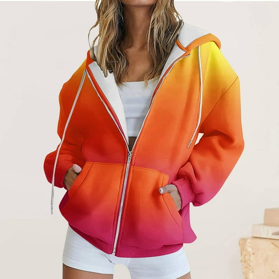 UAMVSH Long Sleeve Hoodie for Women Trendy Gradient Printed Hooded Jackets with Pockets Casual Full Zip up Drawstring Sweatshirt Coats(Small,Multicolor 2)