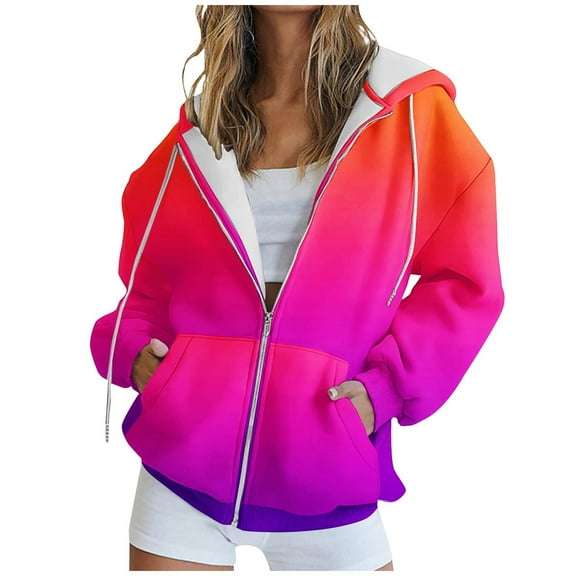 UAMVSH Long Sleeve Hoodie for Women Trendy Gradient Printed Hooded Jackets with Pockets Casual Full Zip up Drawstring Sweatshirt Coats(X-Large,Multicolor 4)