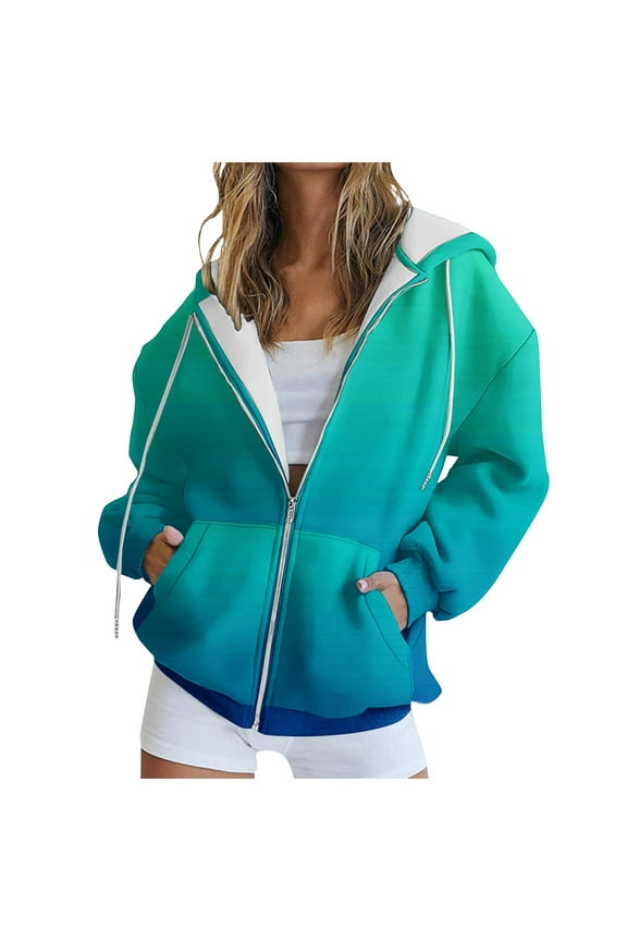 Long Sleeve Hoodie for Women Trendy Gradient Printed Hooded Jackets with Pockets Casual Full Zip up Drawstring Sweatshirt Coats(X-Large,Multicolor 5)