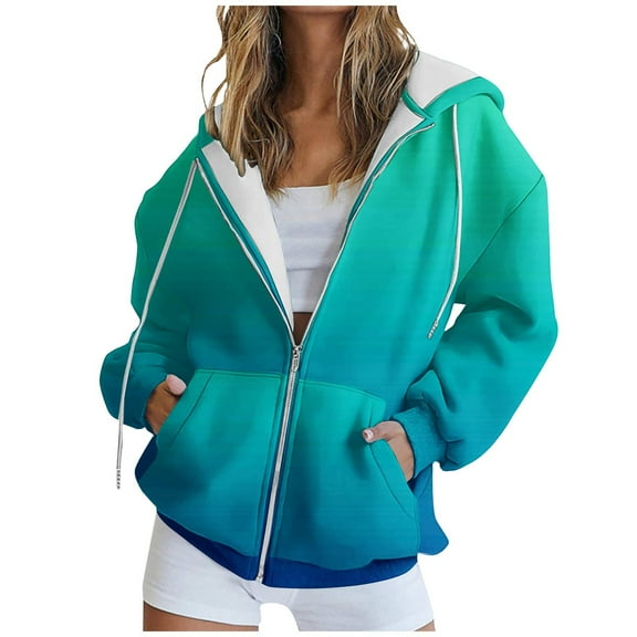 UAMVSH Long Sleeve Hoodie for Women Trendy Gradient Printed Hooded Jackets with Pockets Casual Full Zip up Drawstring Sweatshirt Coats(X-Large,Multicolor 5)