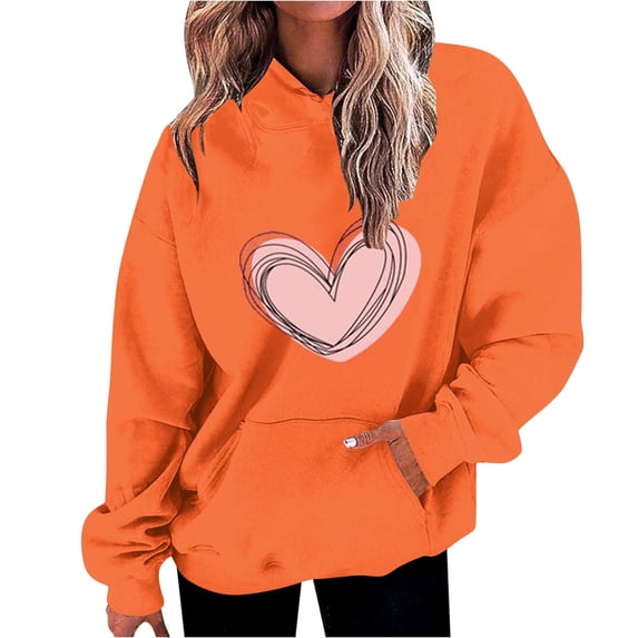 UAMVSH Long Sleeve Hoodie for Women Cute Heart Graphic Valentine's Day Hooded Sweatshirts Casual Oversized Long Sleeve Pullover(3X-Large,Orange)